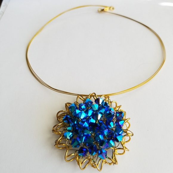 Swarovski Jewelry - Swarovski Elements Metallic Blue Gold Flower Necklace NWOT